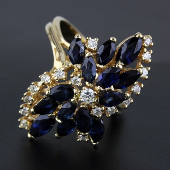 Vintage 14K Yellow Gold Blue Sapphire & Diamond Anniversary Cocktail Ring - Picture 8 of 9